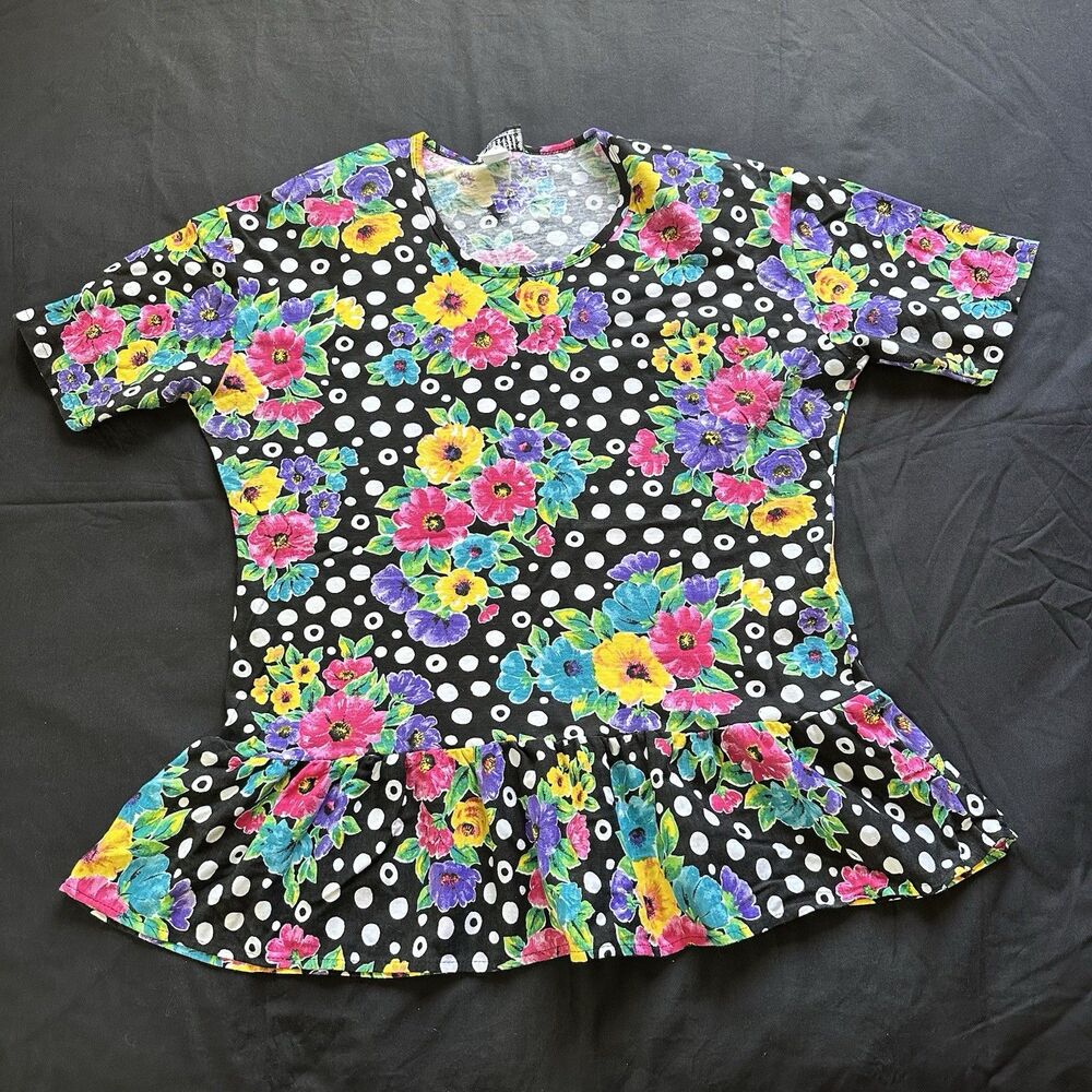Vintage NWOT 80’s Skylite Black/White polka Dot Floral Ruffle Hem Tunic. Large.
